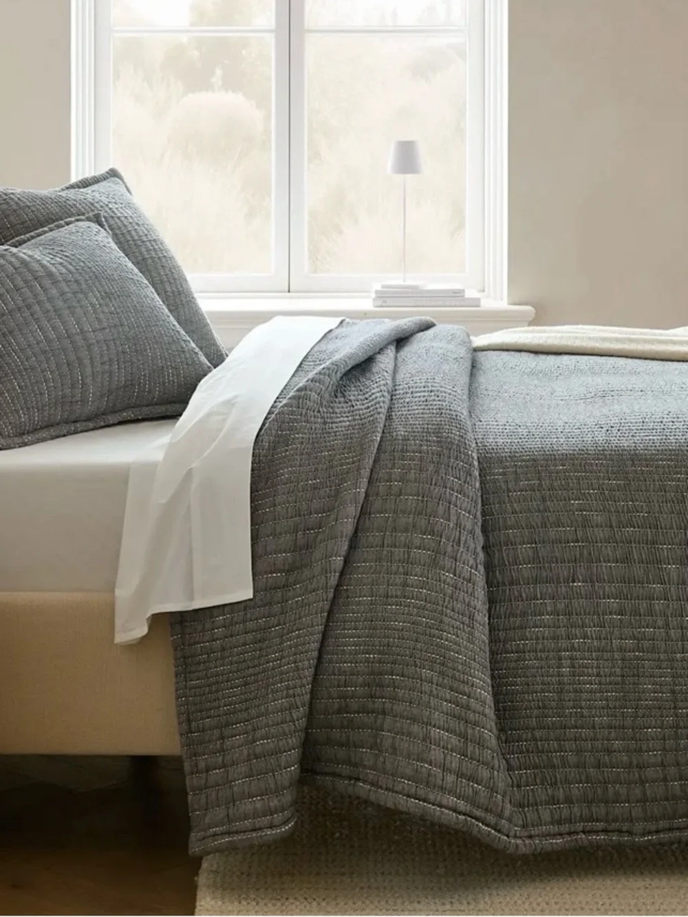 NEW Quince Organic Cotton Channel Stitch Coverlet, Twin (Charcoal)